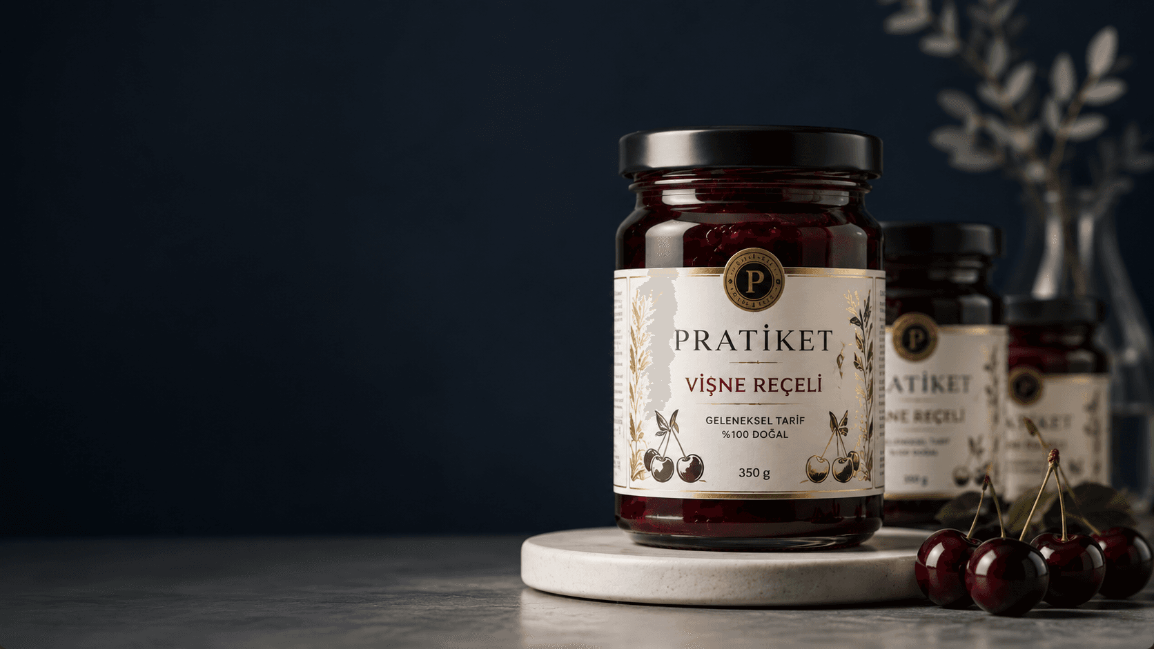 Pratiket özel tasarım vişne reçeli etiketi — premium baskı örneği